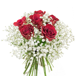 With artistry drawn from the vibrant character of Maida Vale, this exquisite bouquet showcases a lavish assembly of deep red roses encircled by the diaphanous touch of white baby's breath. Each rose is lovingly shaped by hand, their petals soft as velvet and unfurled in bold, romantic spirals, emanating energy and warmth. The clouds of Gypsophila, each minute bloom caught in gentle sprays, create a luminous contrast, filling the spaces with an ethereal softness that recalls the peaceful corners of local Maida Vale gardens and leafy streets. Arranged with a true florist's finesse, the bouquet is round, lush, and balanced-green stems visible through a gleaming glass vase anchor the scene, reminiscent of fresh flowers gathered from nearby Clifton Road. The interplay of texture-from the abundant, touchable rose petals to the feathery, almost weightless baby's breath-invites you to imagine the feel as much as the sight. Bathed in clean white light, every tonal nuance emerges, conveying love, passion, and a sense of artistry deeply rooted in the community. Whether for an anniversary, a romantic gesture, or simply sharing a heartfelt message locally, this arrangement is a symphony of passion and grace, expertly delivered with the creative spirit of Maida Vale's finest florists.